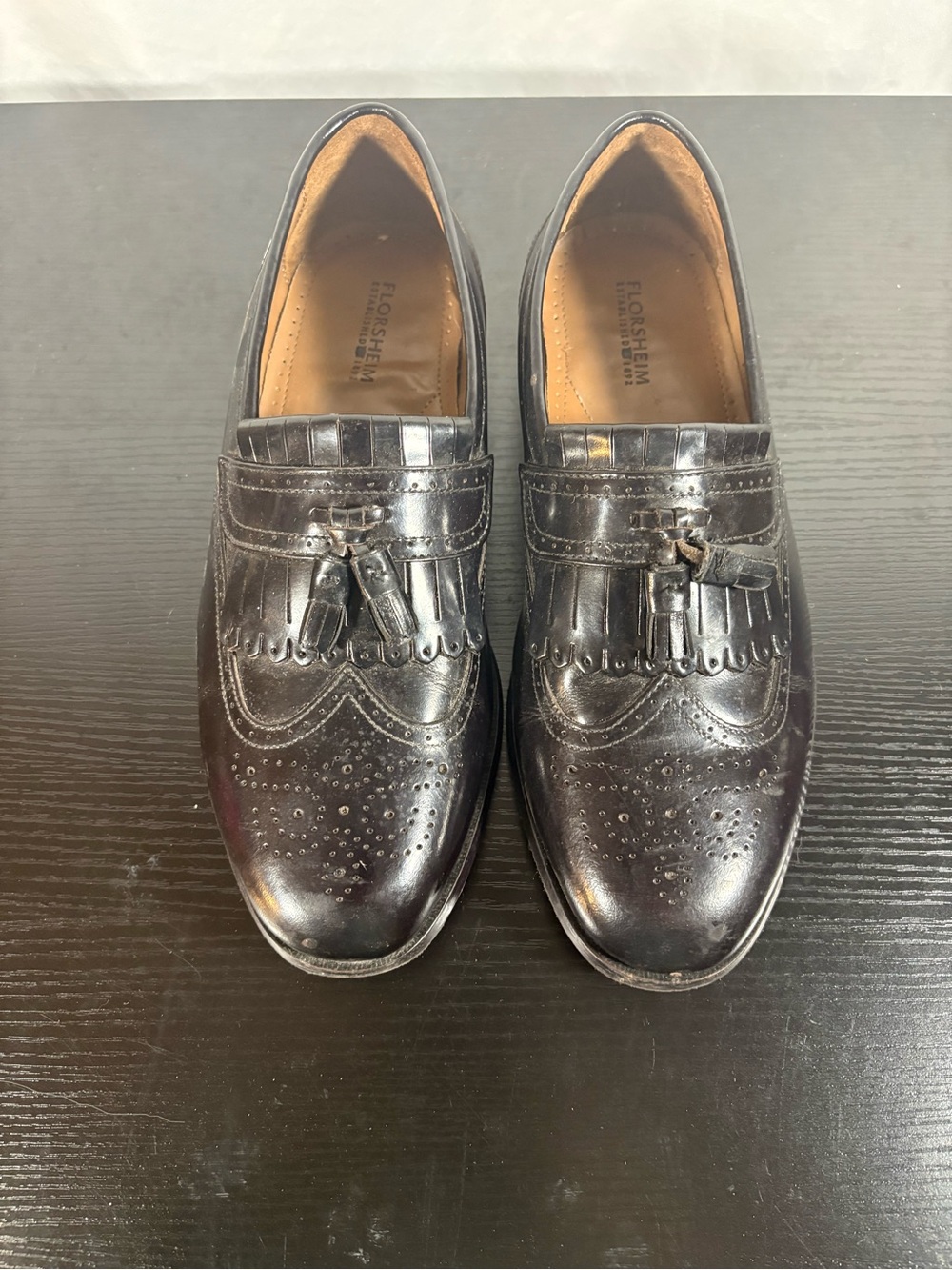 Men's 8.5 3E Florsheim TASSEL FRINGE DRESS SHOES BLK LEA WINGTIP SLIPON